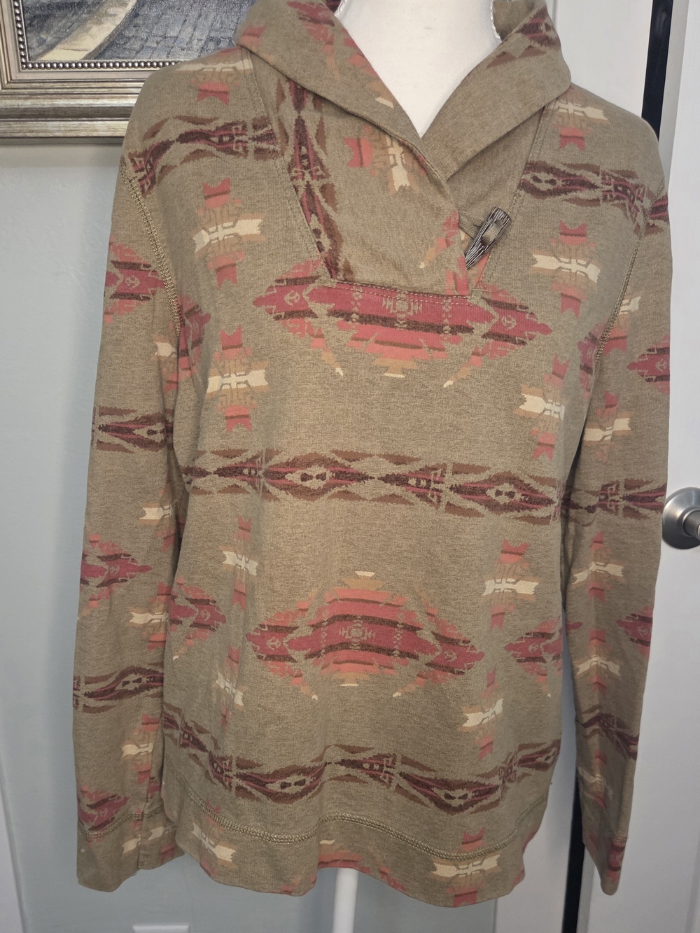 Womens Chaps Ralph Lauren Patterned Aztec Crew Sweater - Beige and Coral